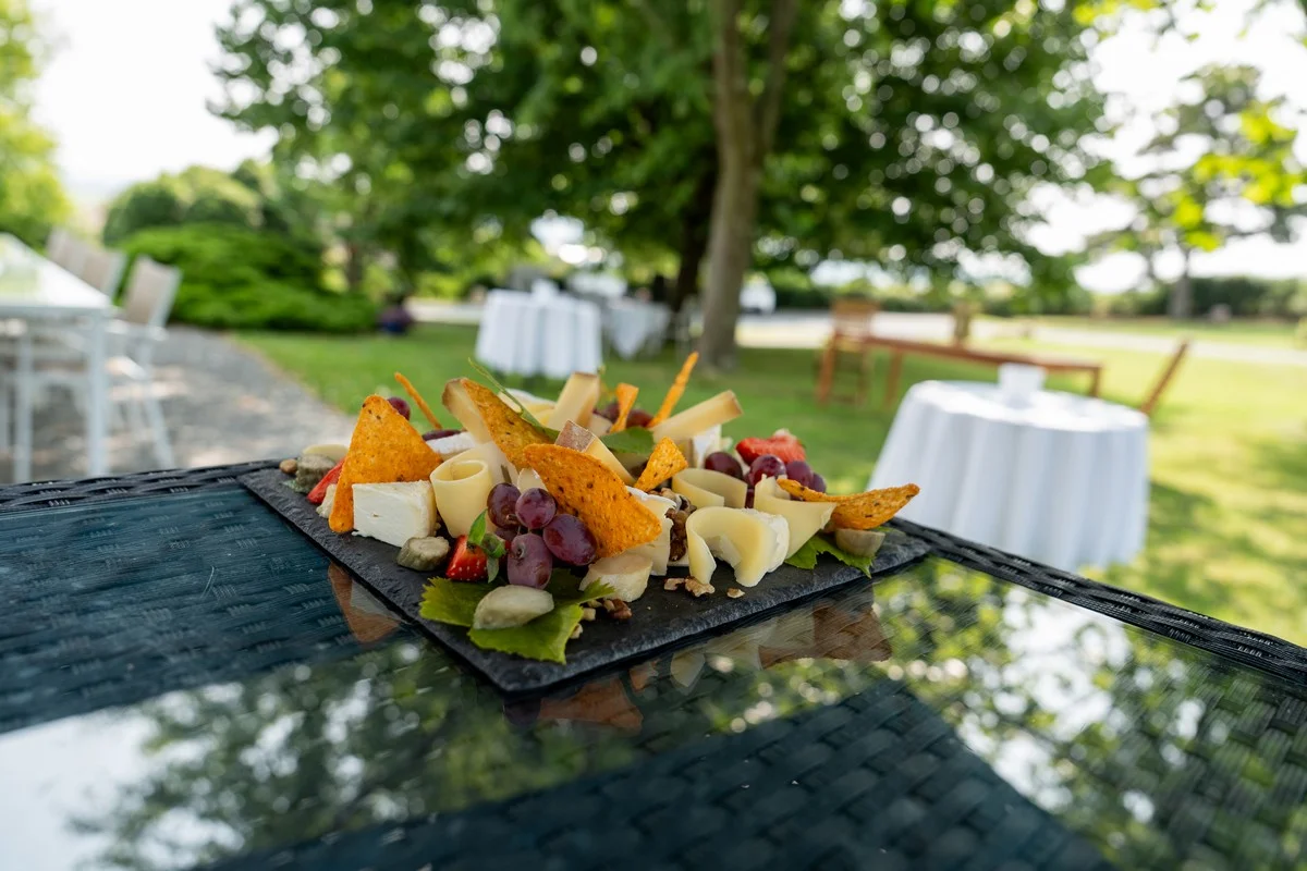Platte mit gereiftem Käse, frischem Obst und Nüssen, schön auf Schiefer angerichtet — Nahaufnahme