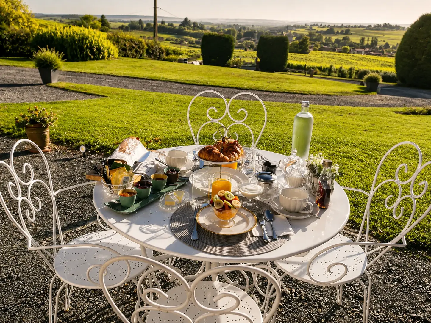 Table du petit-déjeuner dressée en extérieur à la Villa Saint-Lager — cadre verdoyant et produits locaux